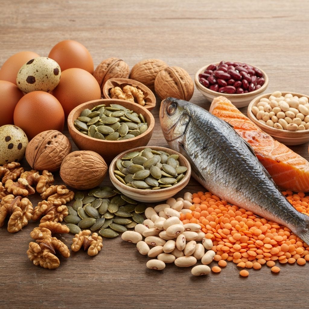 Proteinreiche Lebensmittel einschließlich Nüsse, Samen und Fisch